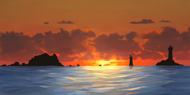 Lighthouses at Sunset — Orange, Dramatic, Digital Art