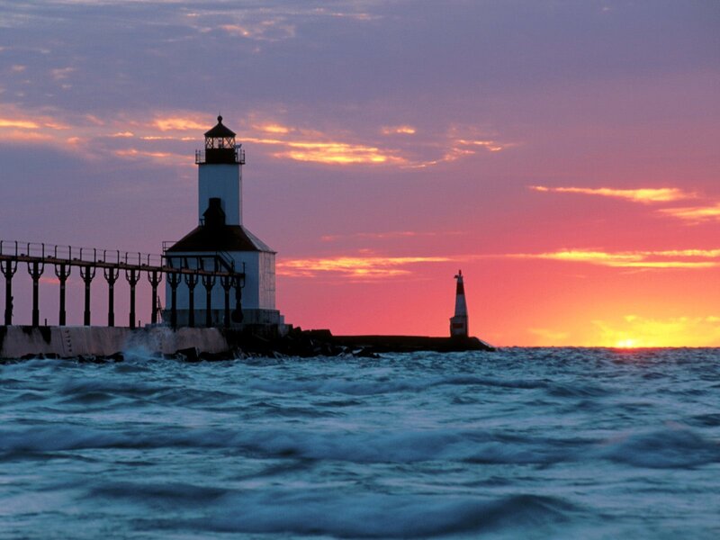 Lighthouses at Sunset — Purple, Serene