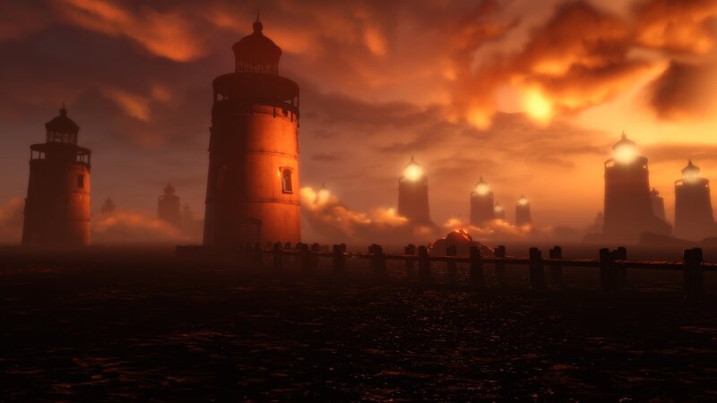 Lighthouses in Fog — Orange, Dramatic