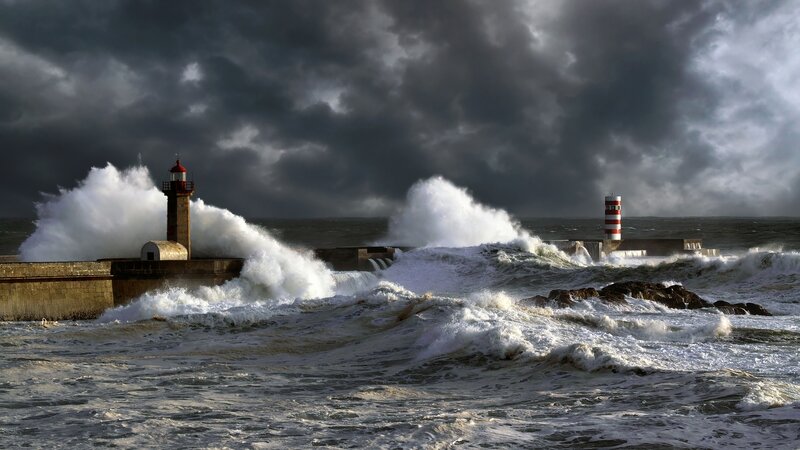 Lighthouses in Storm — Gray, Dramatic, Photograph