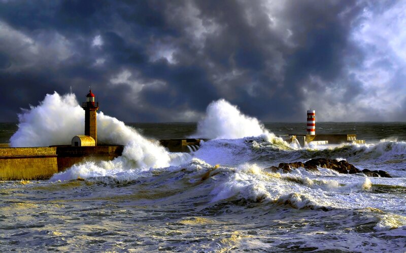 Lighthouses in Storm — Gray, Dramatic