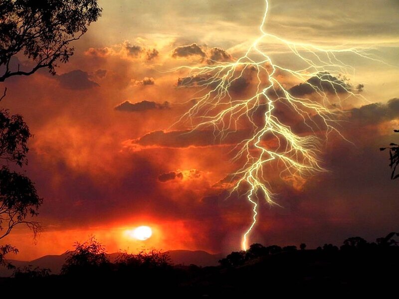 Lightning Bolt During Sunset — Orange, Dramatic, Photograph
