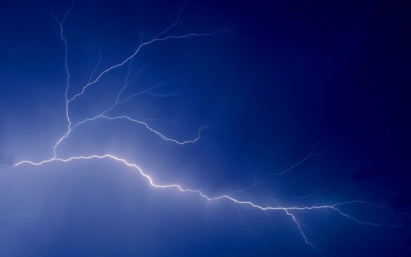Lightning Bolt in Sky — Blue, Dramatic, Night, Photograph, Clouds