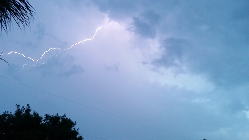 Lightning Bolt in Sky — Blue, Dramatic, Night, Photograph, Clouds, Trees, Power Lines