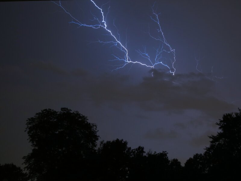 Lightning Bolt in Sky — Blue, Dramatic, Night, Photograph, Clouds, Trees