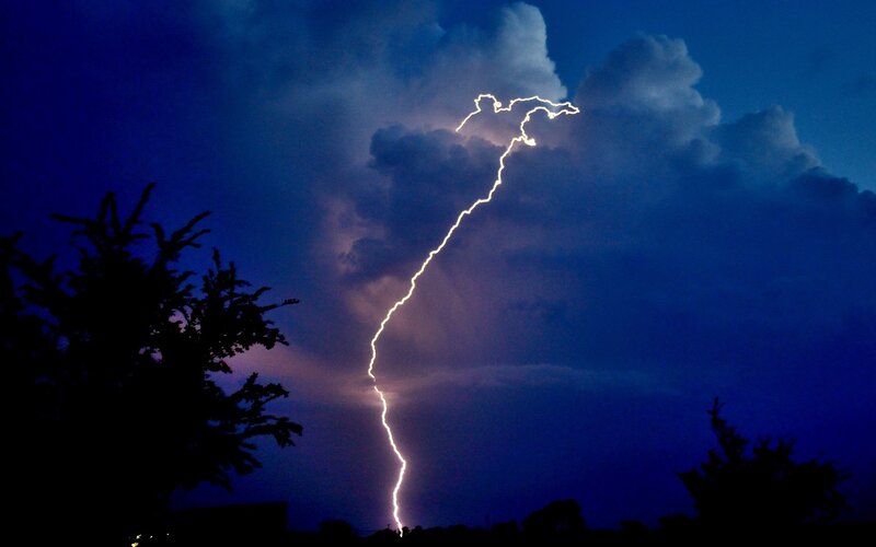 Lightning Bolt in Sky — Blue, Dramatic, Night, Photograph, Clouds, Trees, White, Black