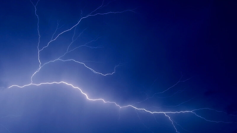 Lightning Bolt in Sky — Blue, Dramatic, Night, Photograph