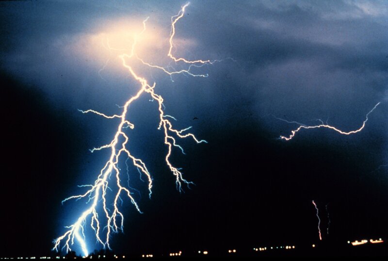 Lightning Bolt in Sky — Blue, Dramatic, Night