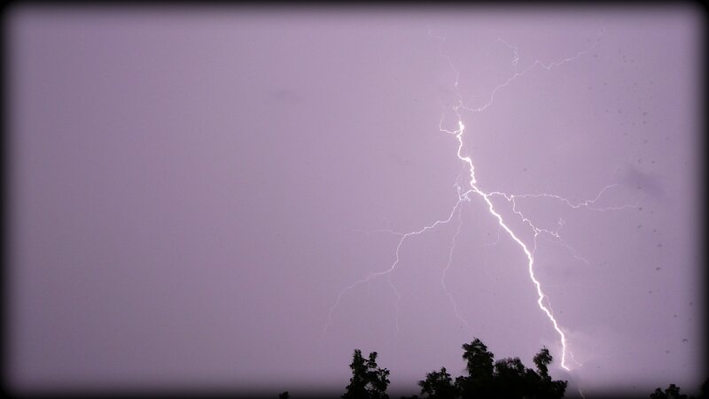 Lightning Bolt in Sky — Purple, Dramatic, Night, Photograph, Trees