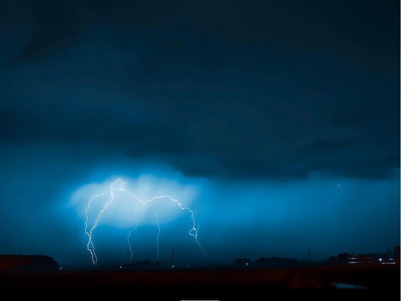 Lightning Bolt in Storm — Blue, Dramatic, Night, Photograph, Clouds, Sky