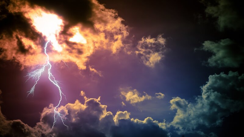Lightning Bolt in Storm — Purple, Dramatic, Night, Photograph, Clouds