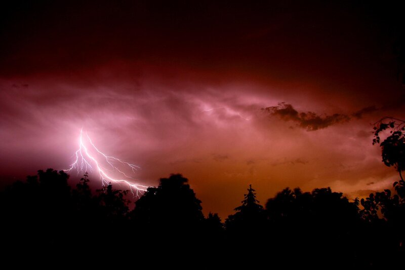 Lightning Bolt in Storm — Red, Dramatic