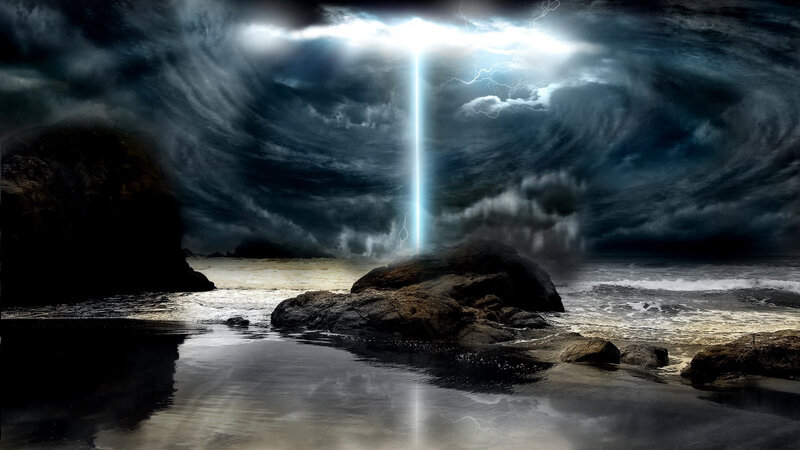 Lightning Bolt on Beach — Black, Dramatic, Night, Digital Art
