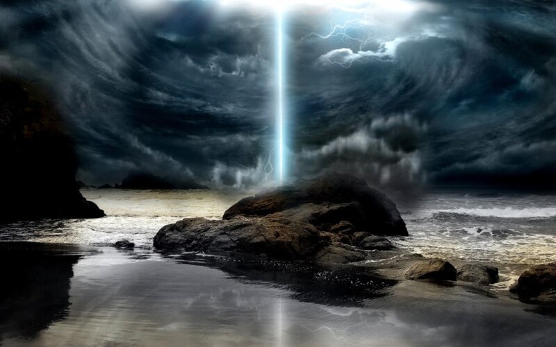 Lightning Bolt on Beach — Dark Blue, Dramatic