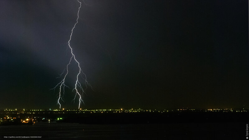 Lightning Bolt over City — Black, Dramatic