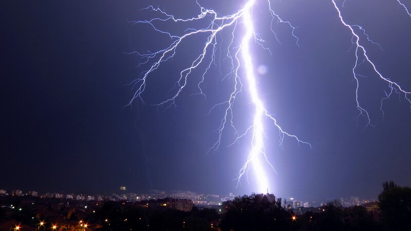 Lightning Bolt over City — Blue, Dramatic, Night