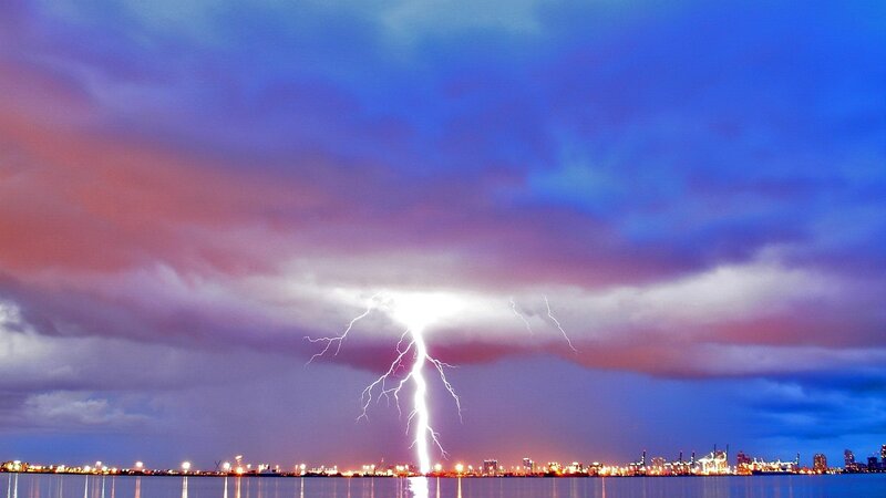 Lightning Bolt over City — Blue, Dramatic
