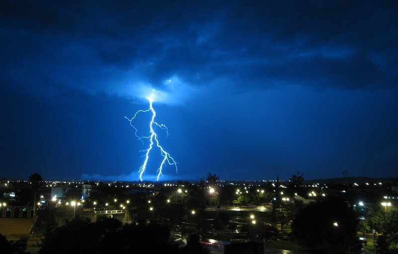 Lightning Bolt over City — Blue