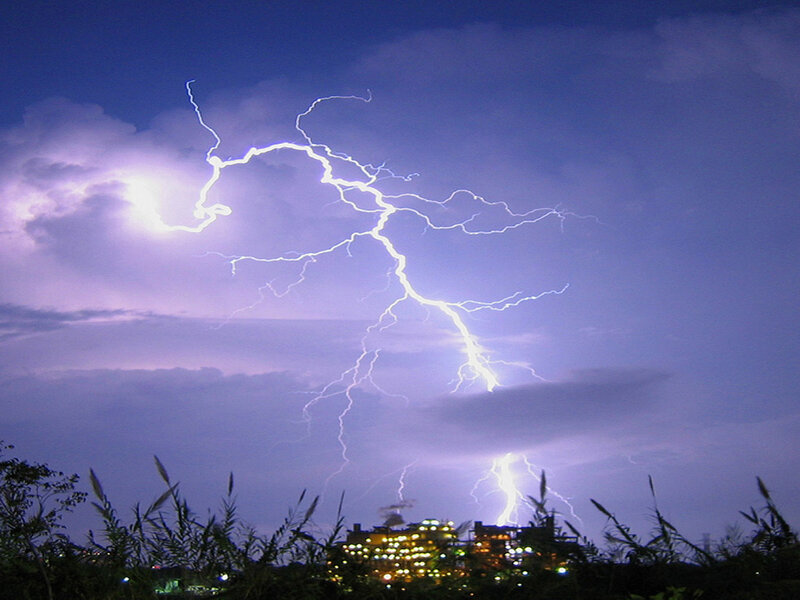 Lightning Bolt over City — Purple, Dramatic