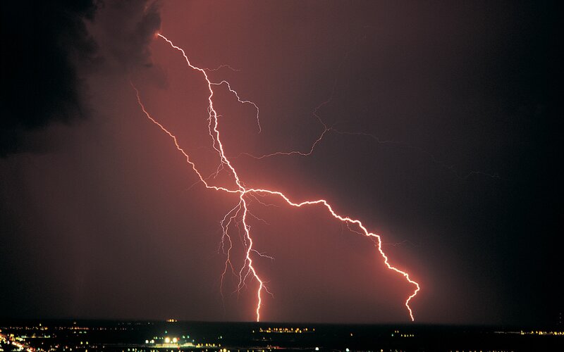 Lightning Bolt over City — Red
