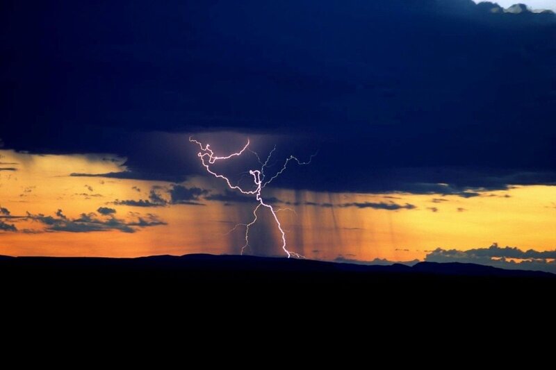 Lightning Bolt over Hills — Blue, Dramatic