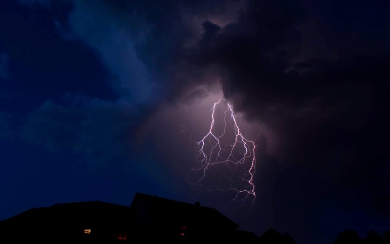 Lightning Bolt over Houses — Dark Blue