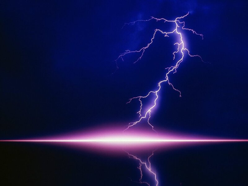Lightning Bolt over Water — Blue, Dramatic, Night, Photograph, Sky, Reflection, Purple