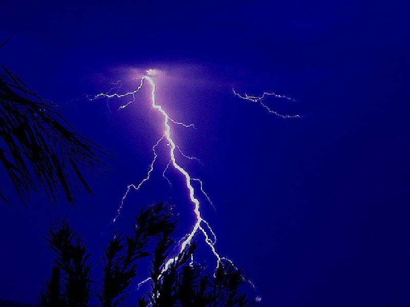 Lightning Bolt Striking Down — Blue, Dramatic, Night