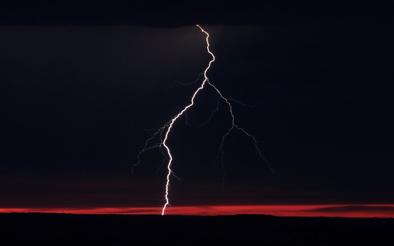 Lightning Bolt Striking Ground — Black, Dramatic, Night, Photograph