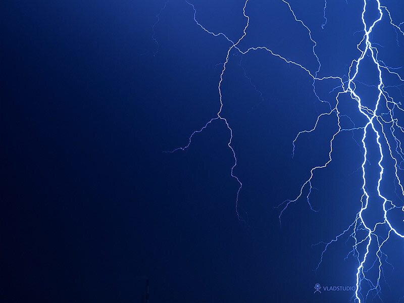 Lightning Bolts in Sky — Blue, Dramatic, Night, Photograph, Clouds