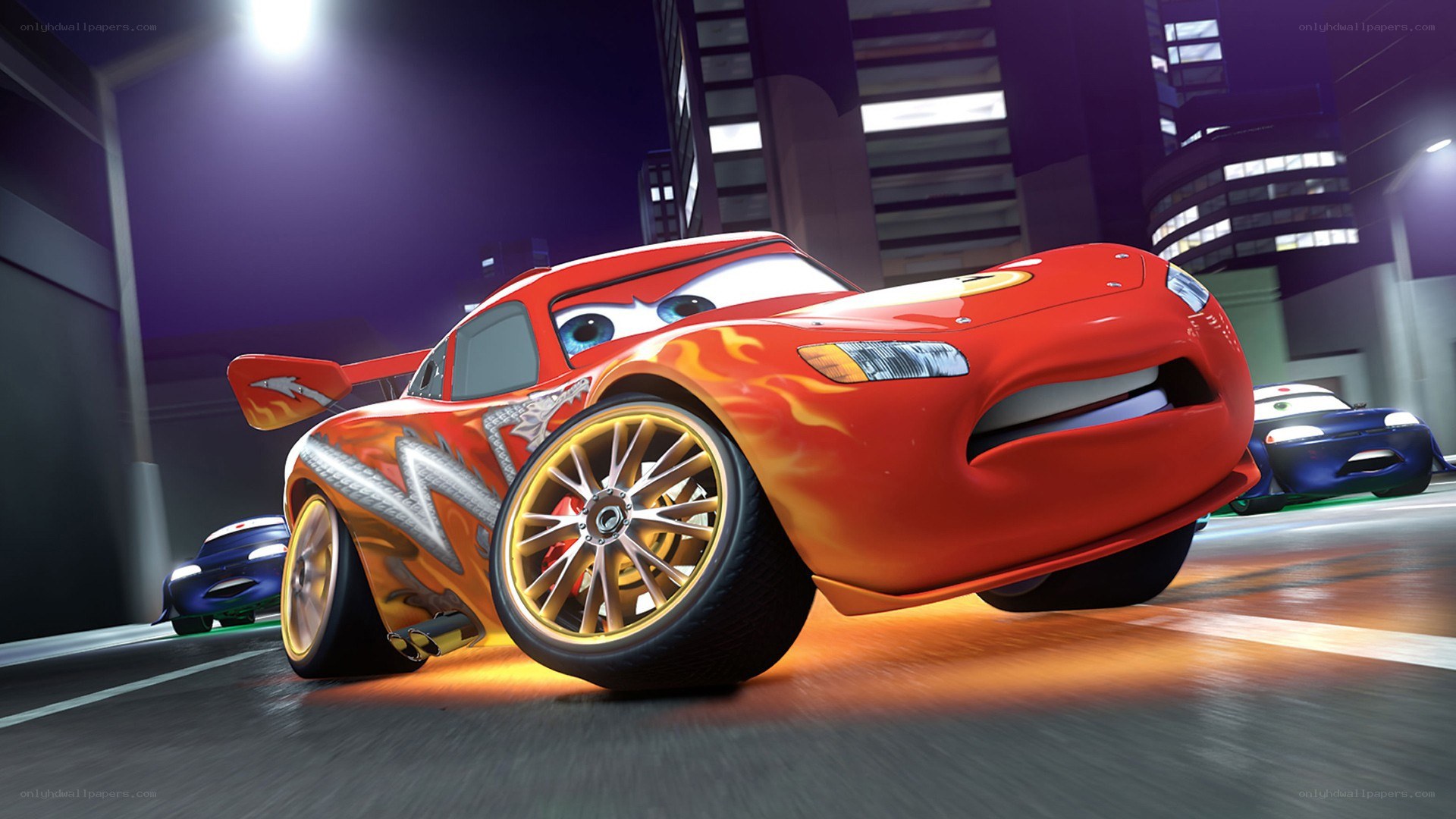 Lightning McQueen racing at night
