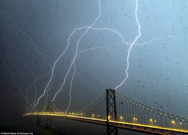 Lightning over a bridge