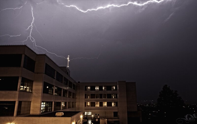 Lightning over a building at night