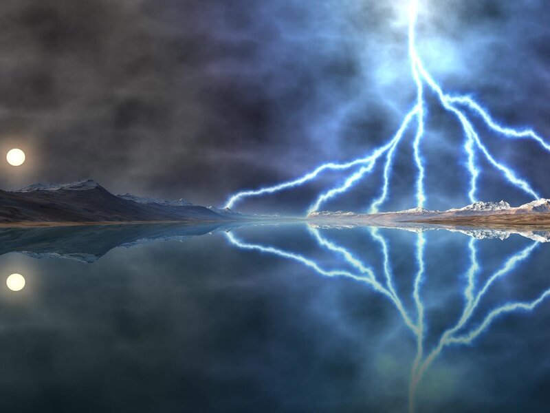 Lightning over a calm lake