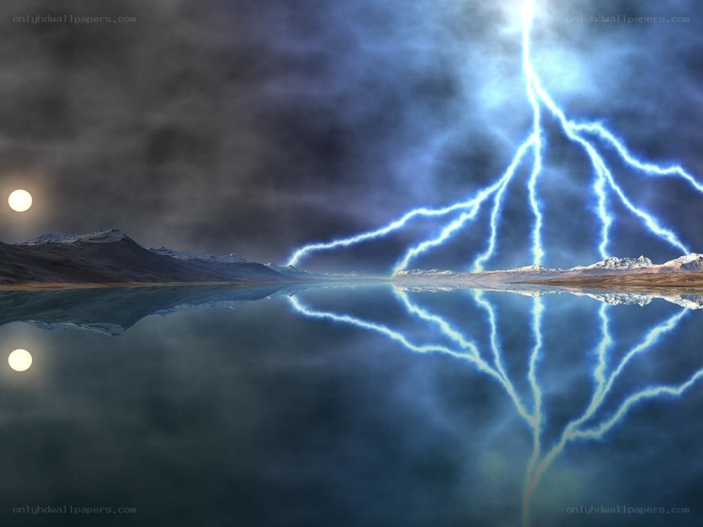 Lightning over a calm lake