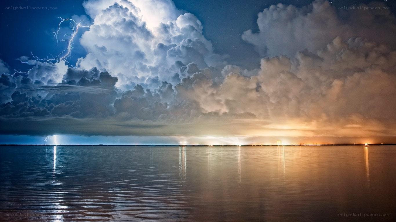 Lightning over a calm sea