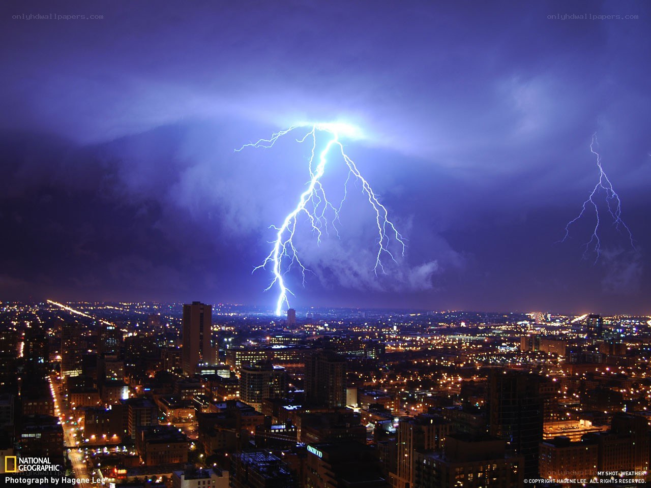 Lightning over a city at night