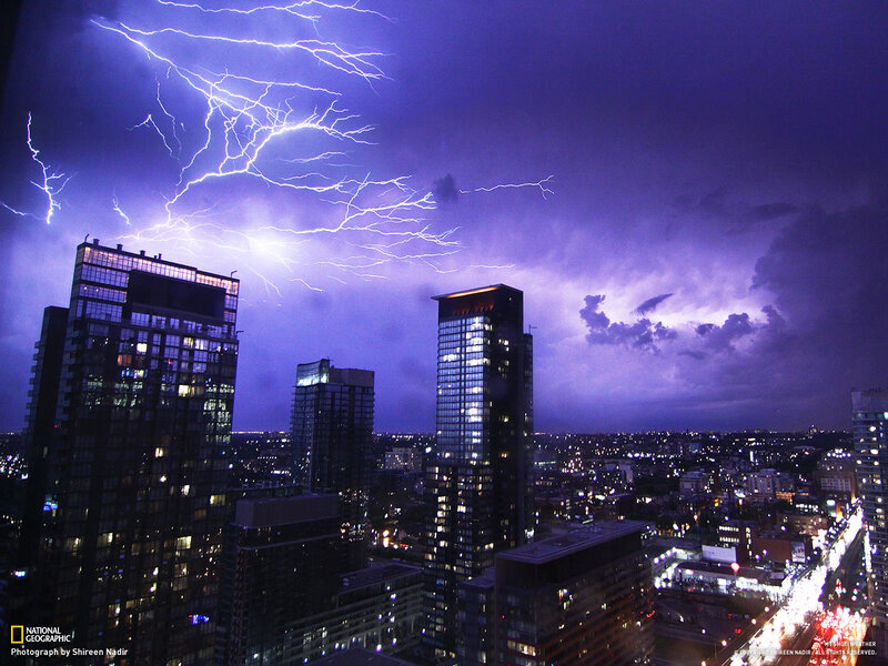 Lightning over a city skyline