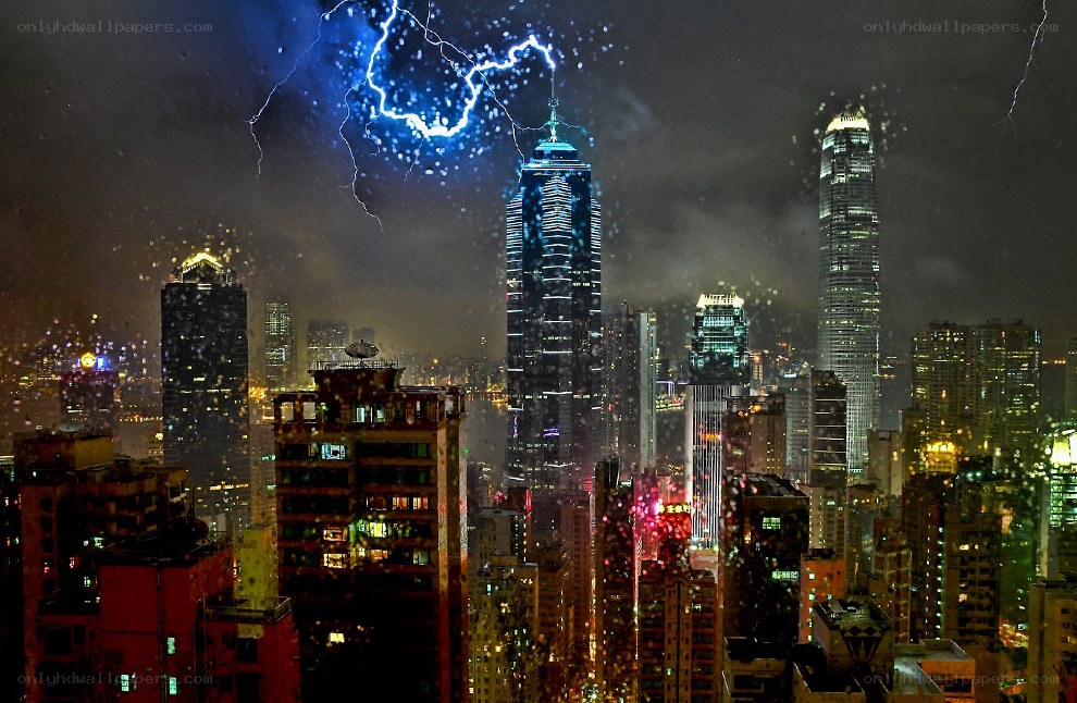Lightning over a city skyline