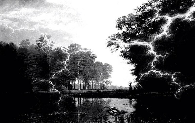 Lightning over a forest pond