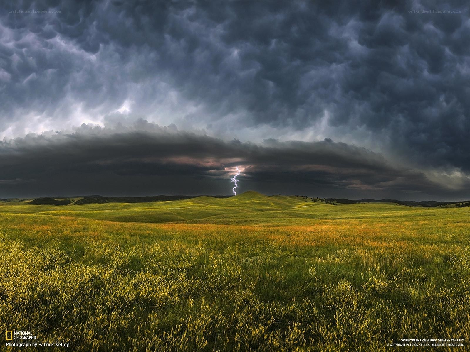 Lightning over a green field