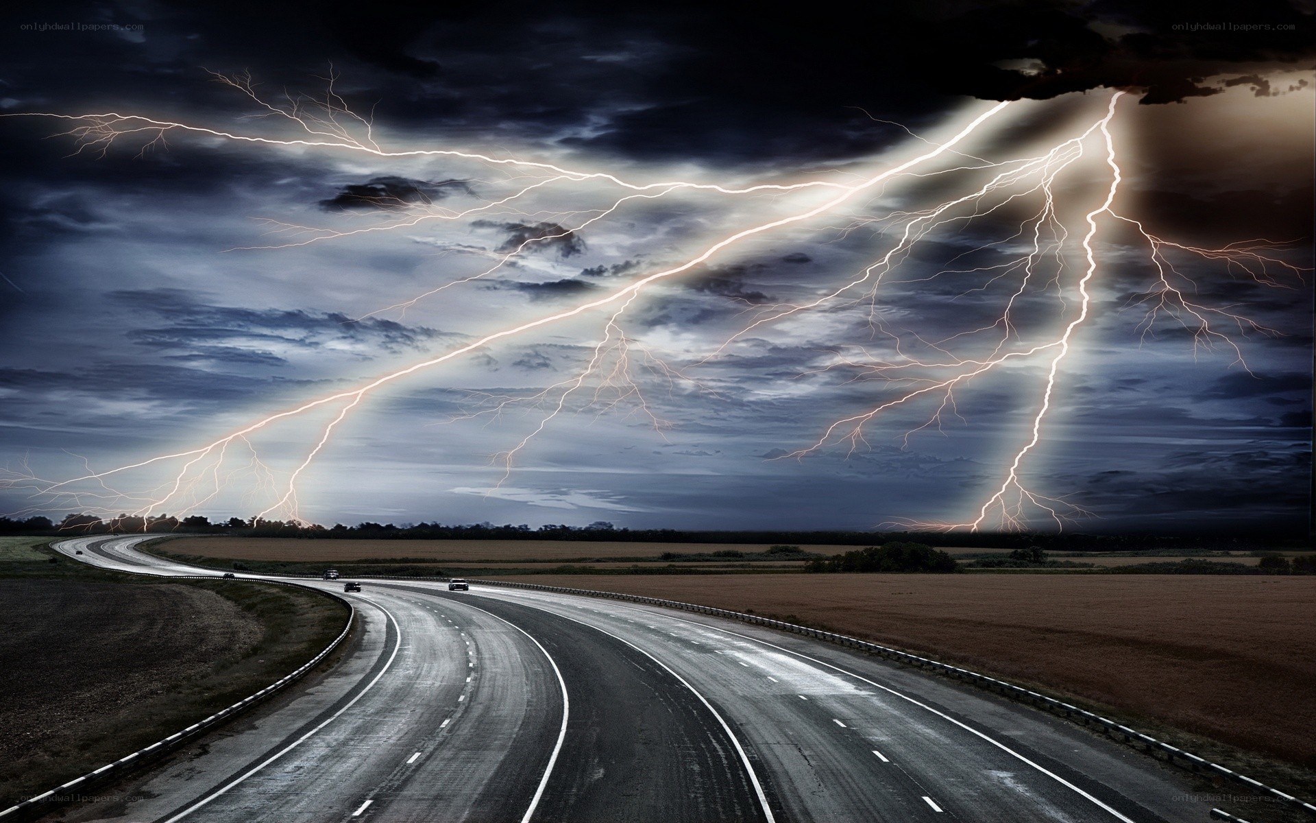 Lightning over a highway