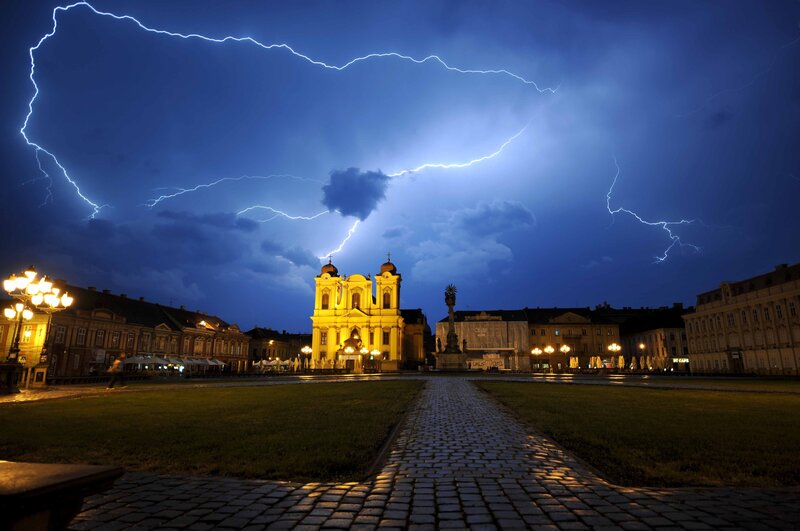 Lightning over a historic square