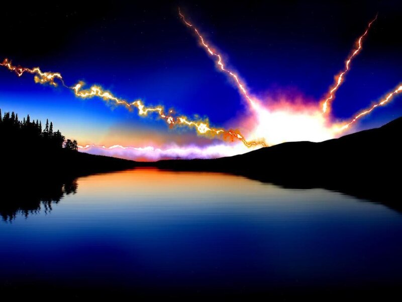 Lightning over a lake at night