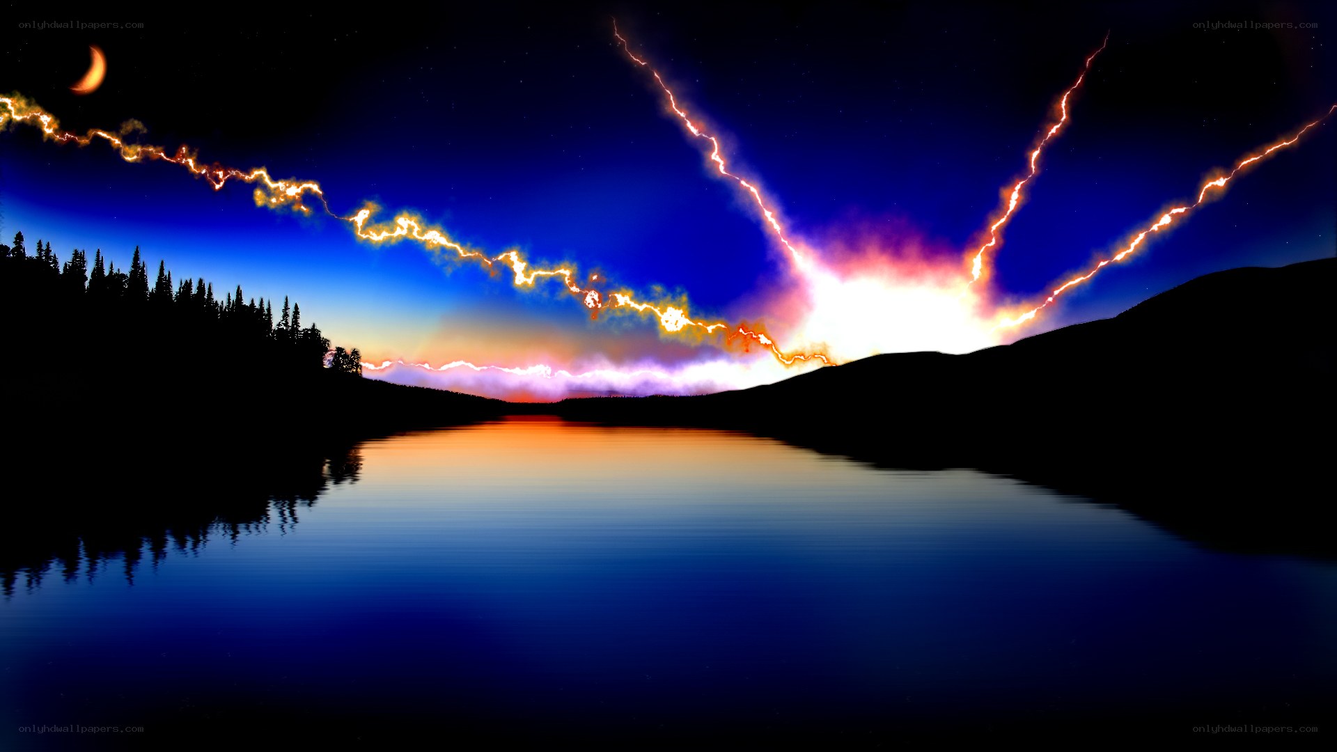 Lightning over a lake at night