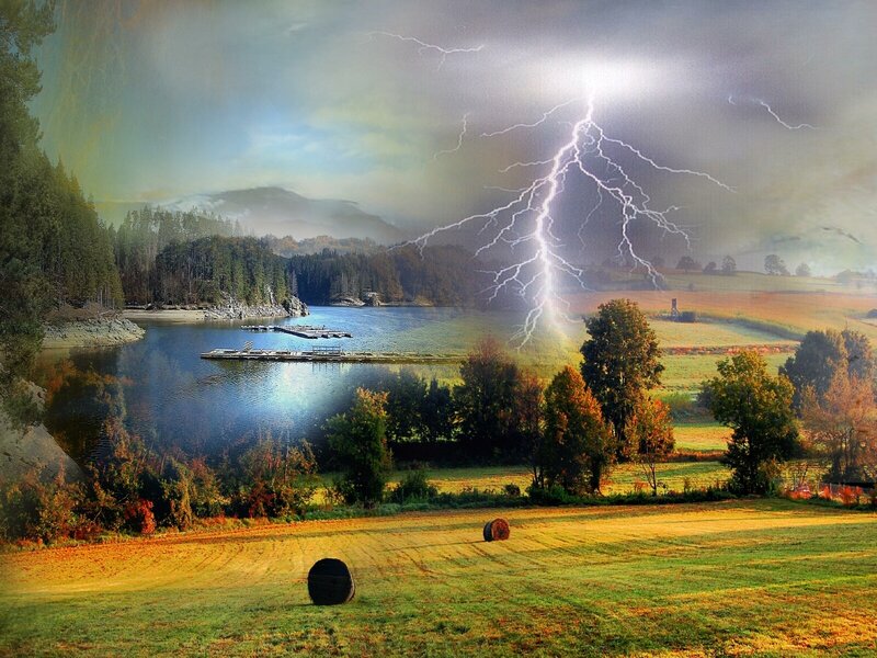 Lightning over a lake landscape