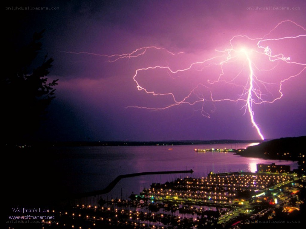 Lightning over a marina at night