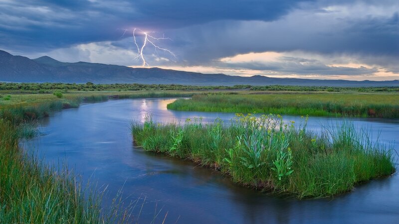 Lightning over a marshy river