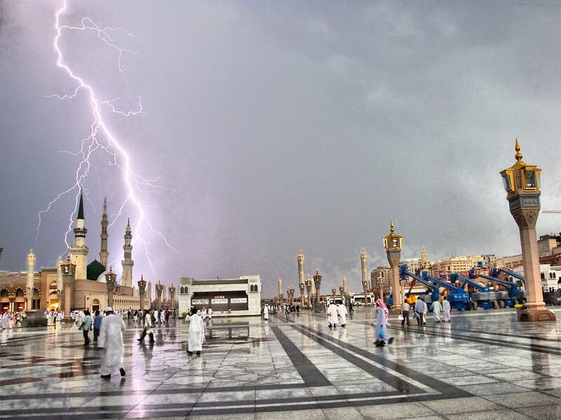 Lightning over a mosque courtyard