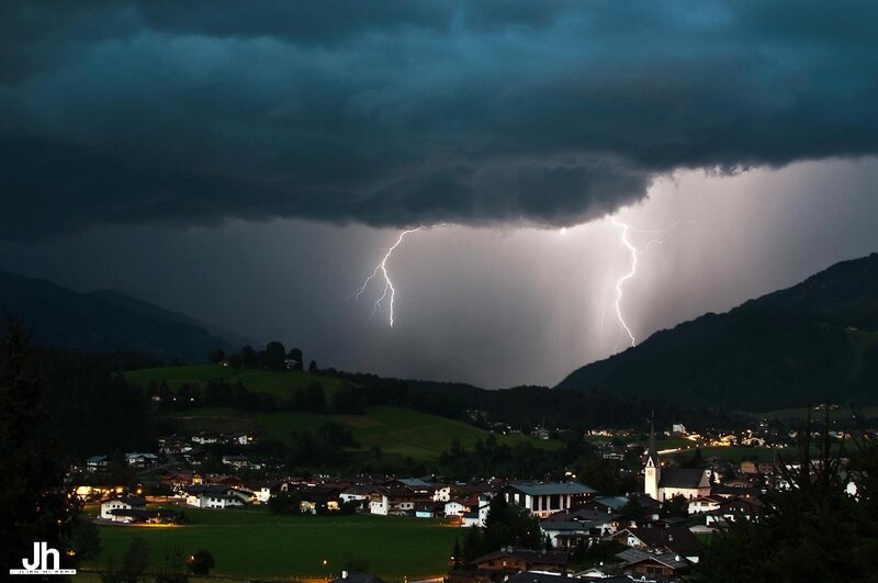 Lightning over a mountain village